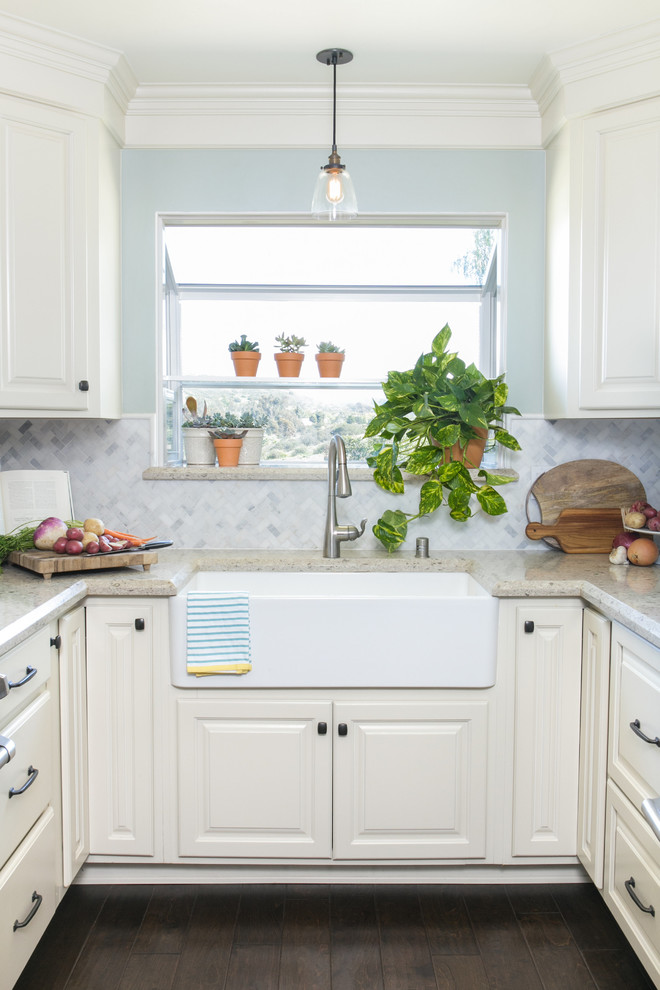 Small White Kitchen with Farmhouse Sink in Poway ...