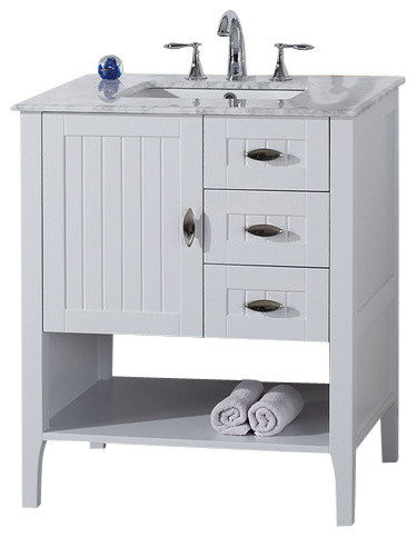 30" single-sink vanity, white with marble top, white - transitional