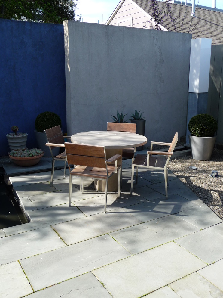 Mid-sized modern backyard patio in San Francisco with a water feature, concrete slab and no cover.