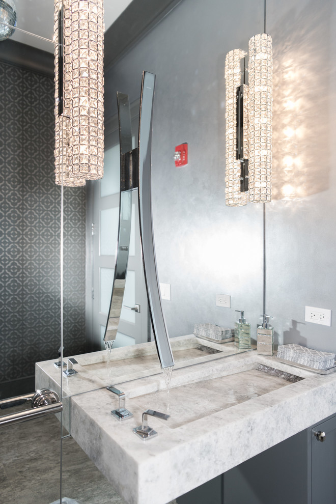 Large transitional master white tile and ceramic tile ceramic tile bathroom photo in Chicago with recessed-panel cabinets, gray cabinets, a one-piece toilet, gray walls, a vessel sink and granite countertops