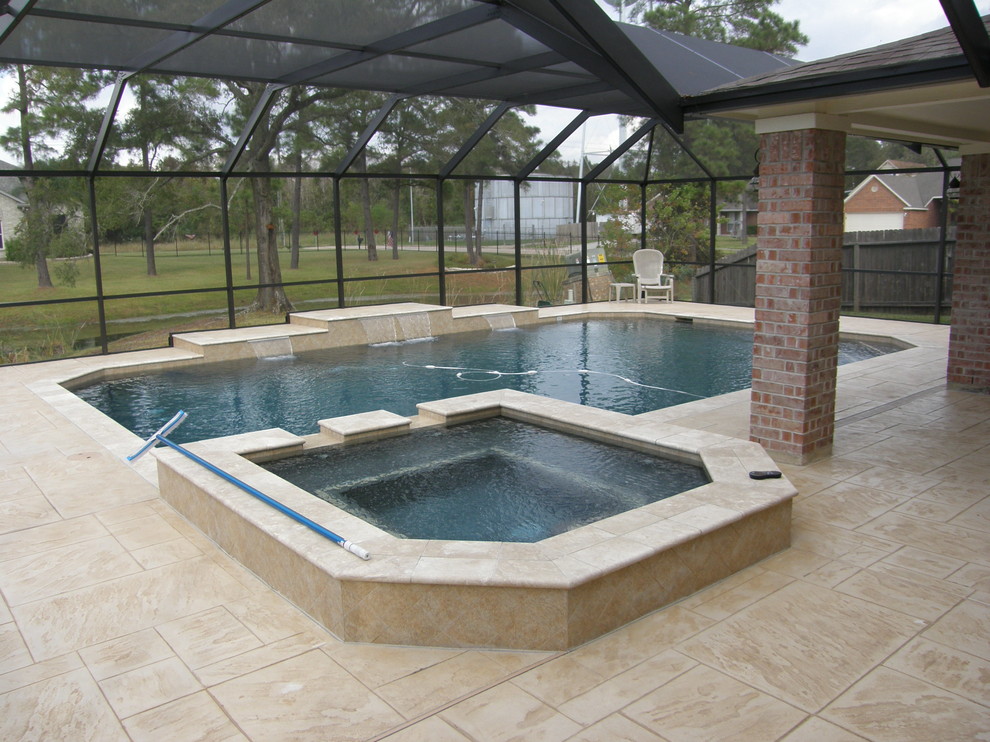 Design ideas for a contemporary backyard custom-shaped pool in Houston with stamped concrete.