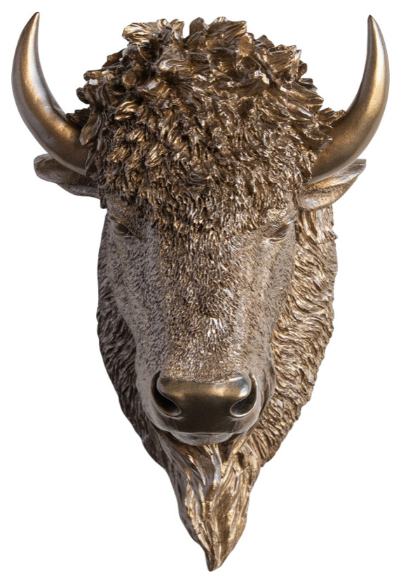 Faux Taxidermy Bison Head Wall Mount, Bronze