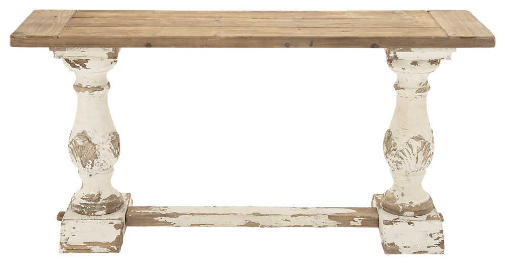 Rectangular Antique Wood & Distressed White Console Table w/ Carved