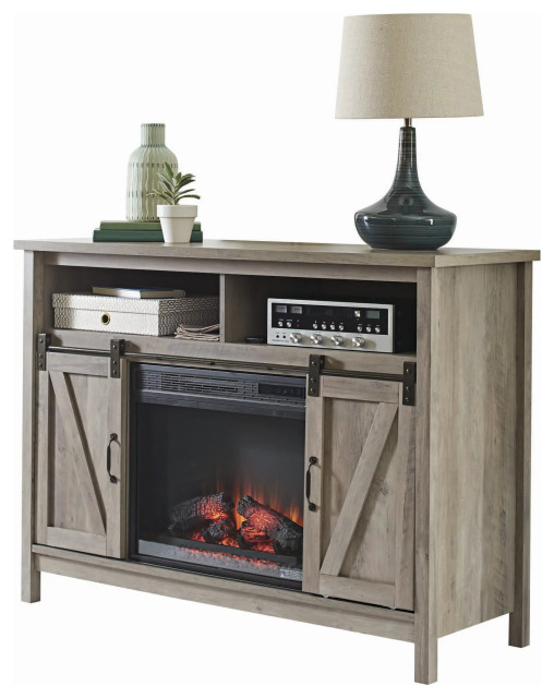 Modern Farmhouse TV Stand, 2 Sliding Barn Doors, Center Fireplace