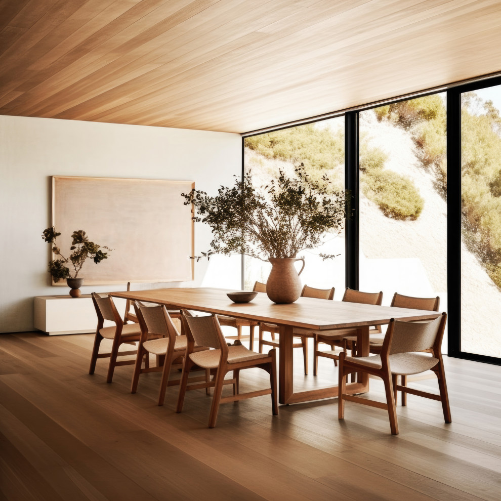 Große Moderne Wohnküche ohne Kamin mit weißer Wandfarbe, hellem Holzboden, beigem Boden, Holzdielendecke und Holzdielenwänden