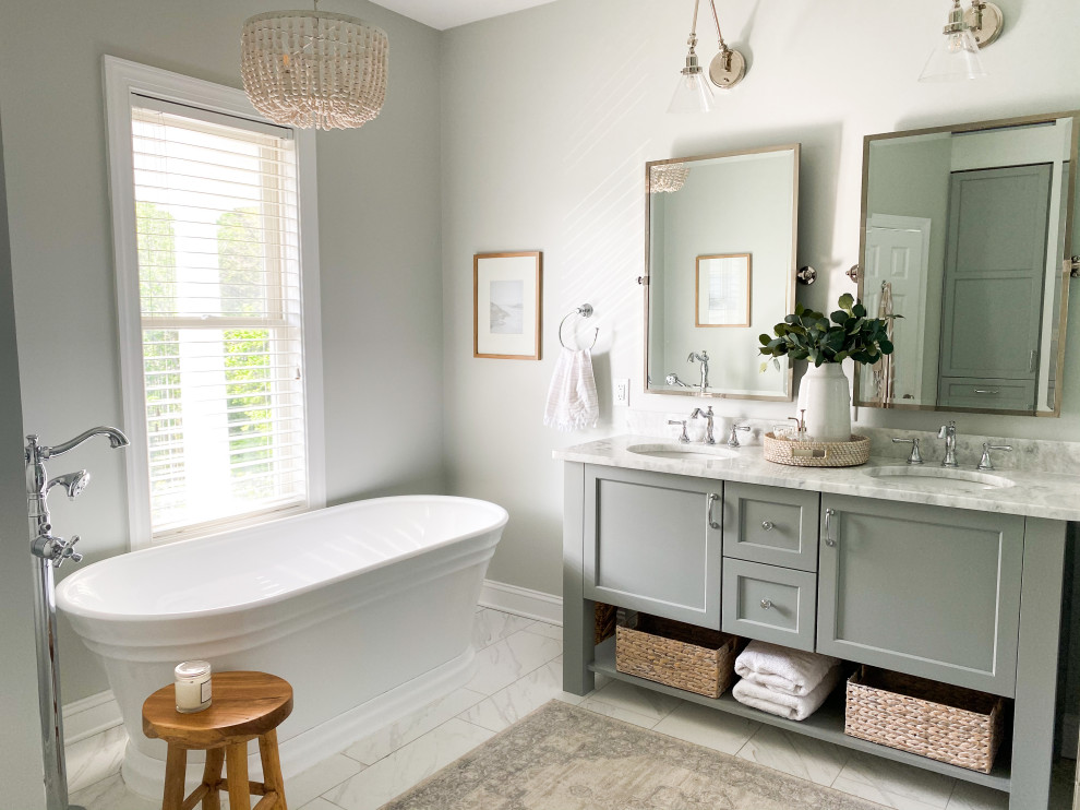 Example of a beach style master white tile and ceramic tile double-sink freestanding bathtub design in Other with quartzite countertops, a hinged shower door and a freestanding vanity