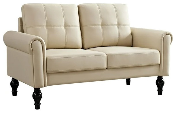 Retro Modern Loveseat, Padded Seat With Rolled Arms & Grid Tufted Back