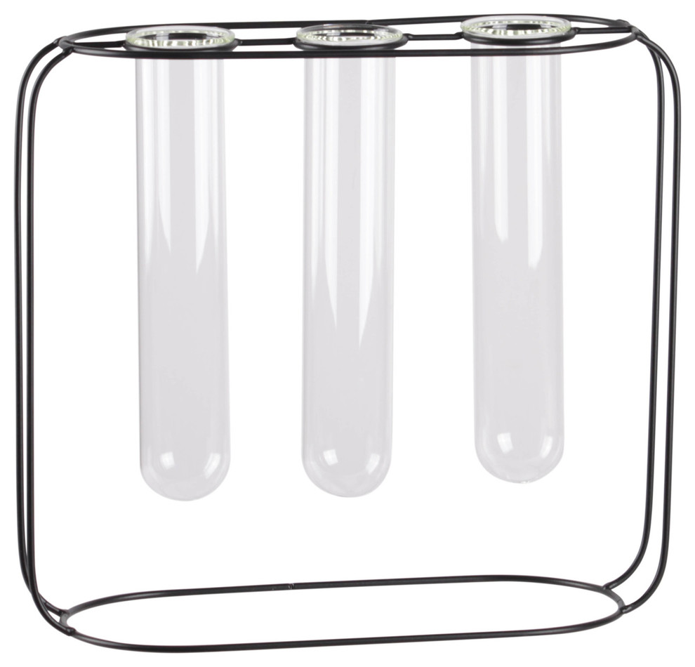 Metal Clustered Hanging Bud Vase Holder with 3 Large Glass Tube Vases