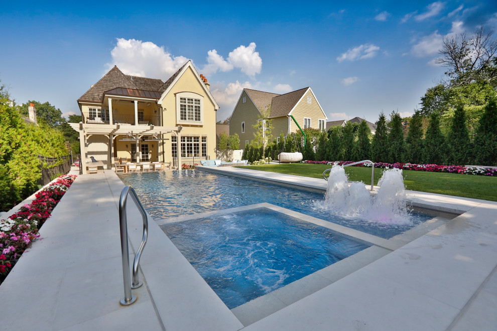 Hinsdale, IL Rectilinear Pool with Hot Tub Inside and Infinity Edge Traditional Pool