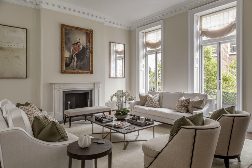 Living room - large transitional formal and open concept medium tone wood floor and brown floor living room idea in London with beige walls, a standard fireplace and a stone fireplace