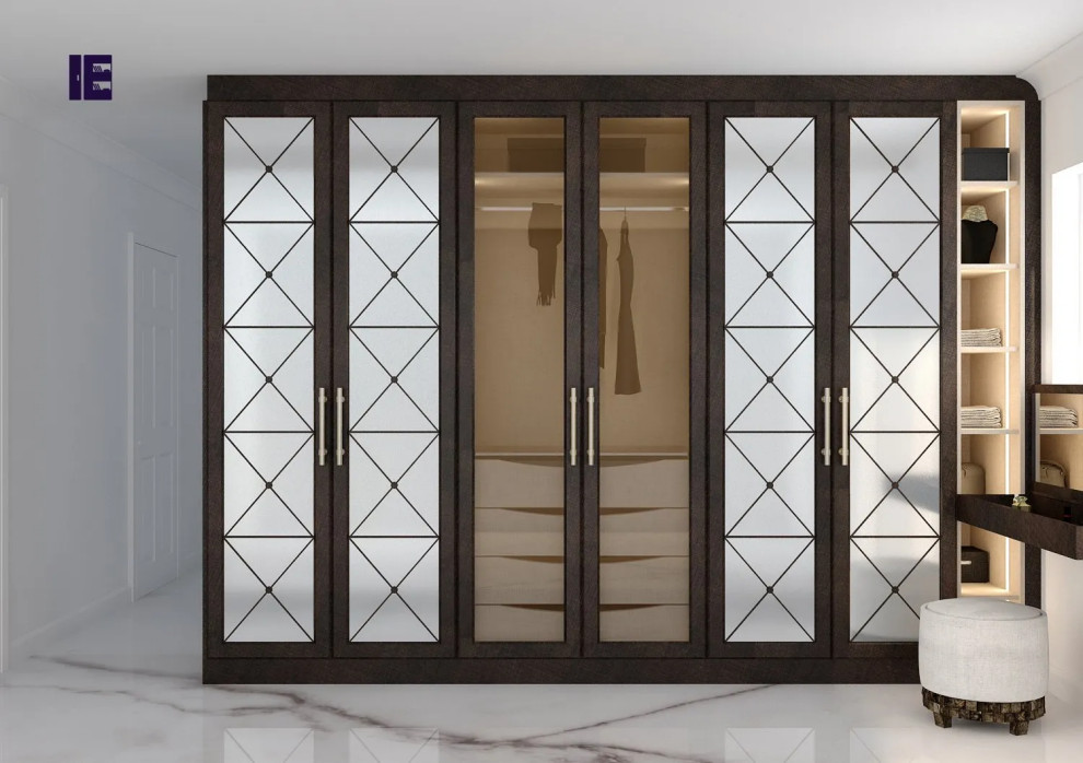 Esempio di un grande armadio incassato minimalista con ante di vetro, ante in legno bruno, pavimento in marmo e pavimento bianco