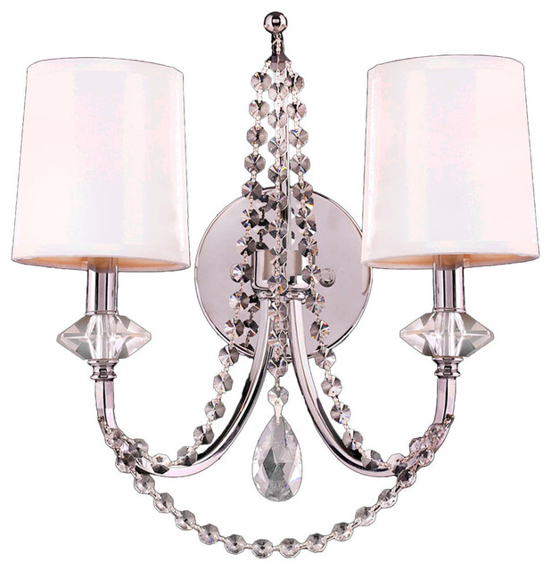 Modern 2 Light Chrome Finish Clear Crystal Wall Sconce White Silk Shade - Contemporary - Wall ...