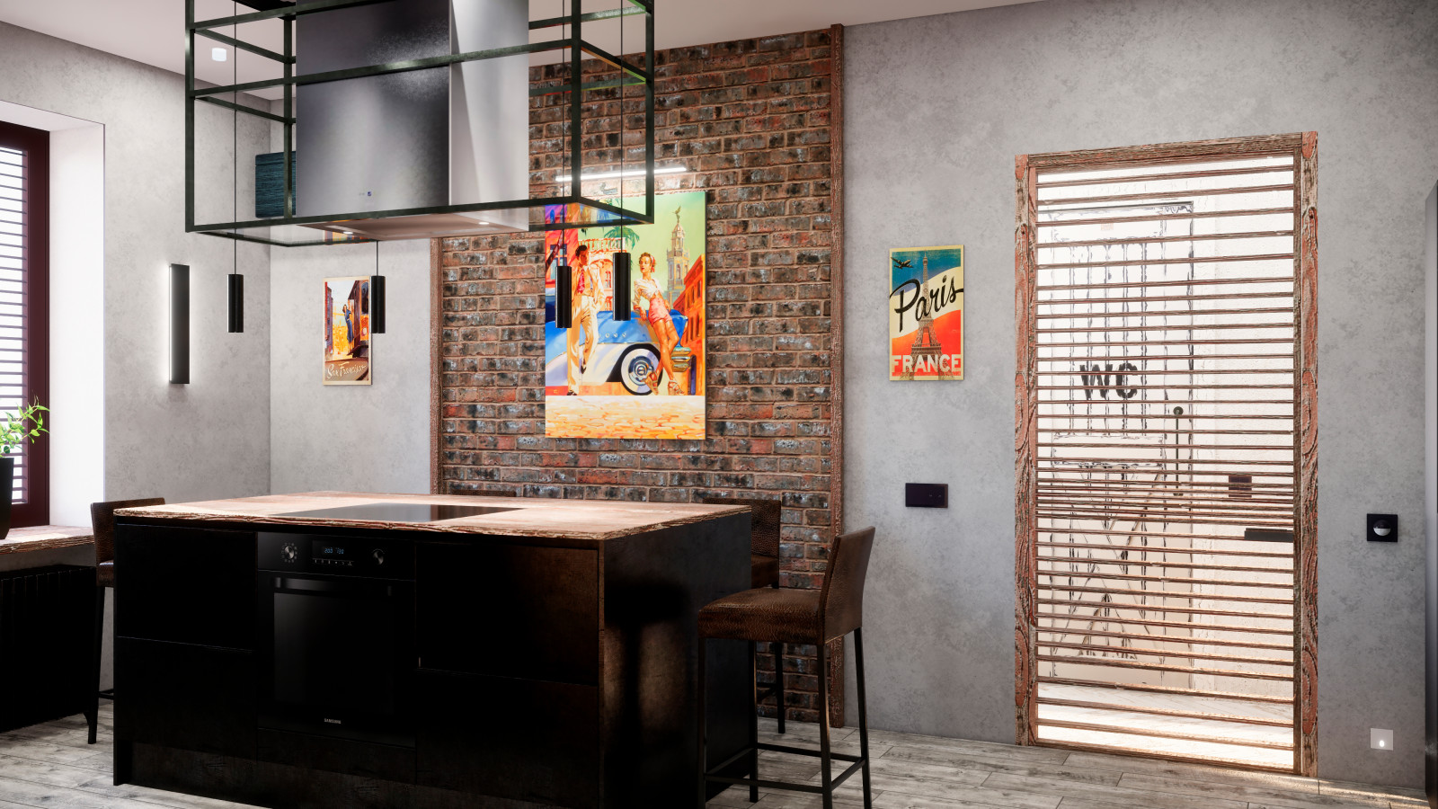 Квартира в Москве в стиле лофт, кухня, холл, санузел, кладовая. 2020 г.