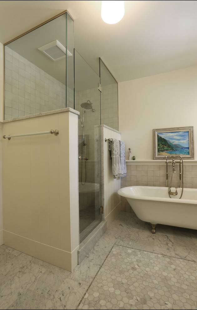 Inspiration for a bathroom in Portland with a claw-foot tub, a corner shower, white tile, terra-cotta tile, white walls, marble floors, grey floor and a hinged shower door.