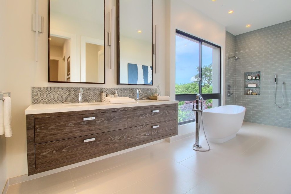 Photo of a large transitional master bathroom in Other with flat-panel cabinets, dark wood cabinets, a freestanding tub, an open shower, white walls, an undermount sink and an open shower.
