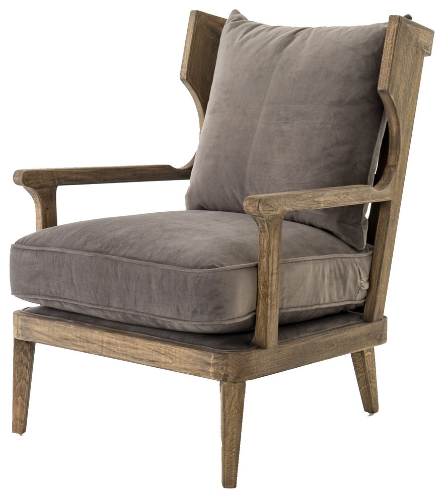 Lennon Exposed Oak Gray Velvet Wingback Chair Farmhouse Armchairs