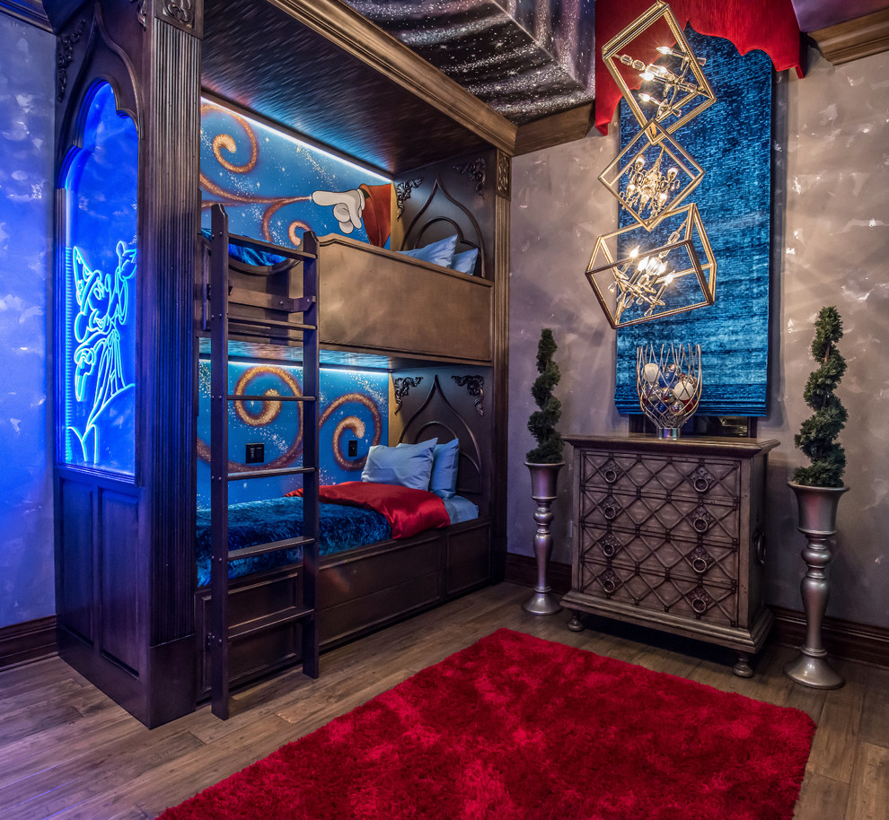 This is an example of a mediterranean gender-neutral kids' bedroom for kids 4-10 years old in Orlando with multi-coloured walls, dark hardwood floors and brown floor.