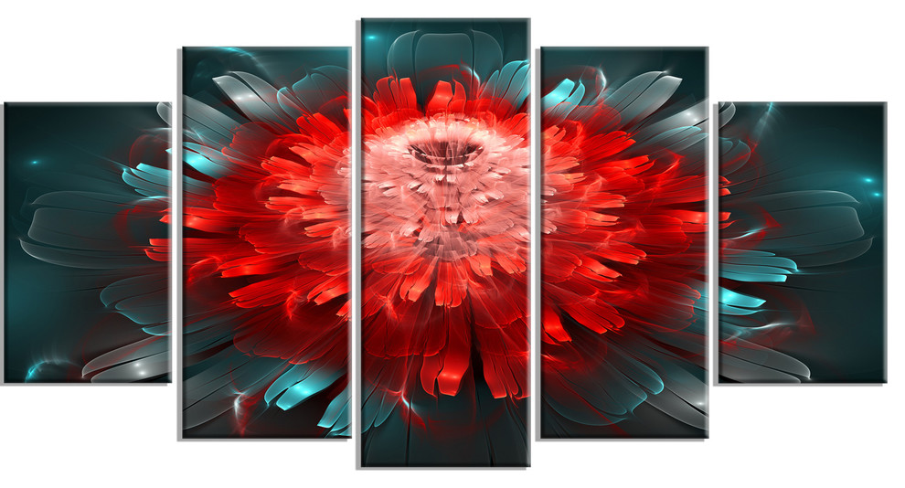 "Fractal Red and Blue Flower" Glossy Metal Wall Art, 60"x32" 5 Panel