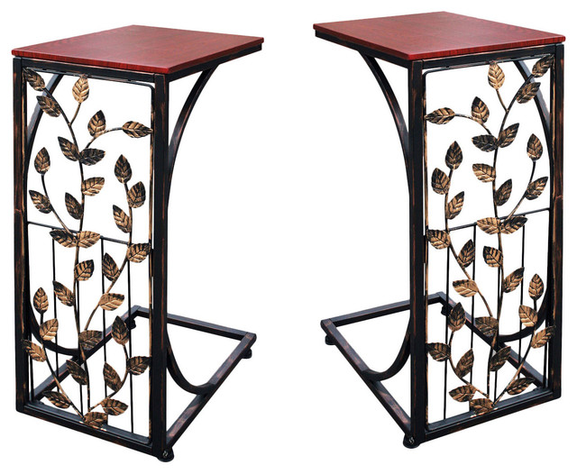 Set Of 2 Sofa Side End Tables Dark Brown Wood Top W Leaf Design