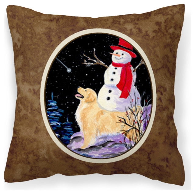 Ss8579Pw1414 Golden Retriever With Snowman, Red Hat Pillow