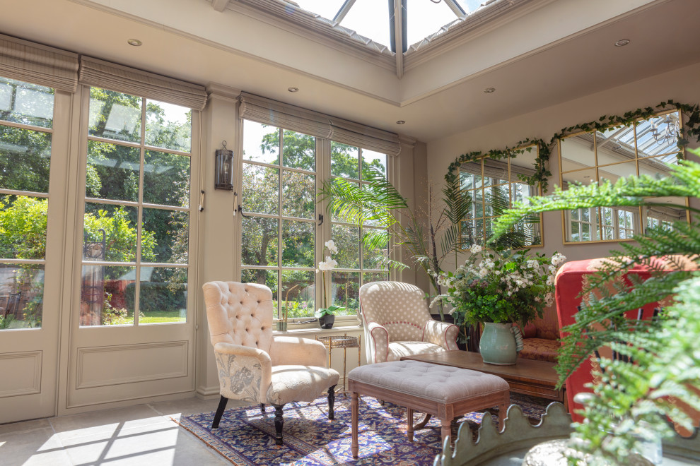 Design ideas for a large contemporary conservatory in Other with a glass ceiling and feature lighting.