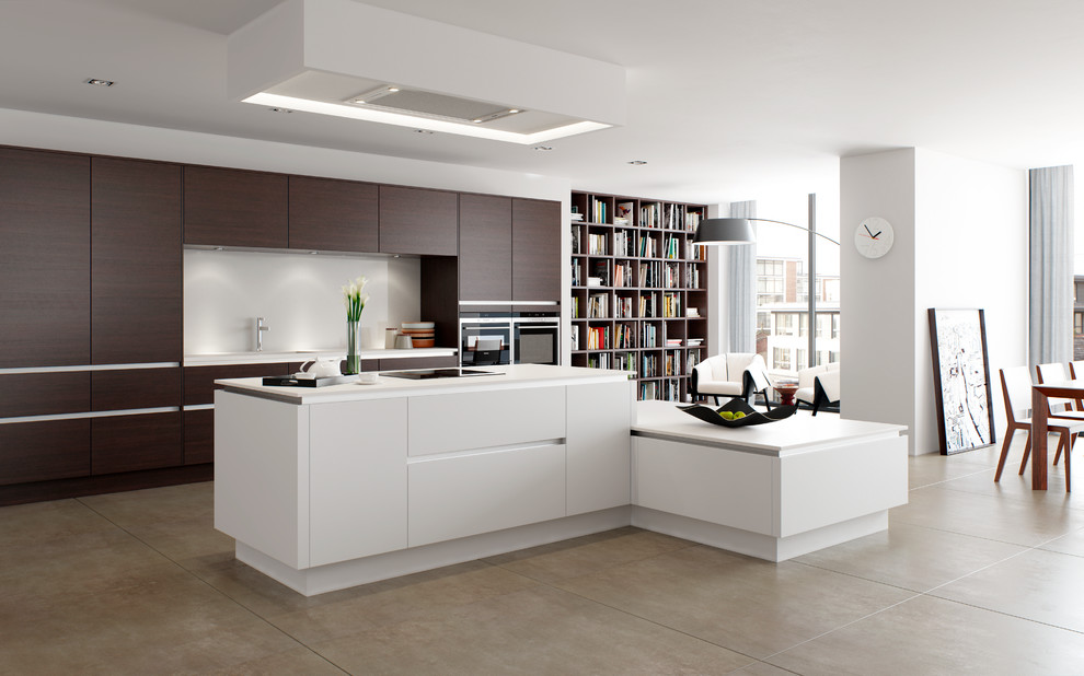 Large contemporary single-wall open plan kitchen in Other with flat-panel cabinets, dark wood cabinets, white splashback, black appliances, with island, an integrated sink and ceramic floors.