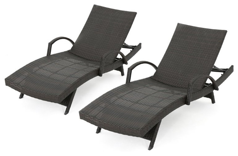 Noble House Salem Outdoor Adjustable Wicker Chaise Lounge in Brown (Set of 2)