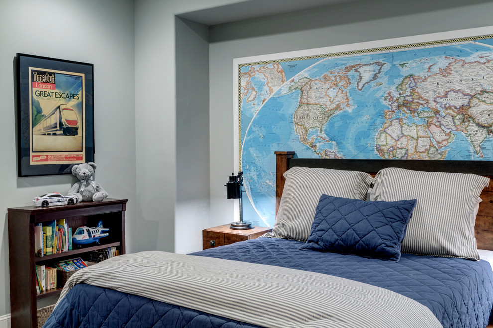 This is an example of a traditional gender-neutral kids' bedroom in Dallas with grey walls.
