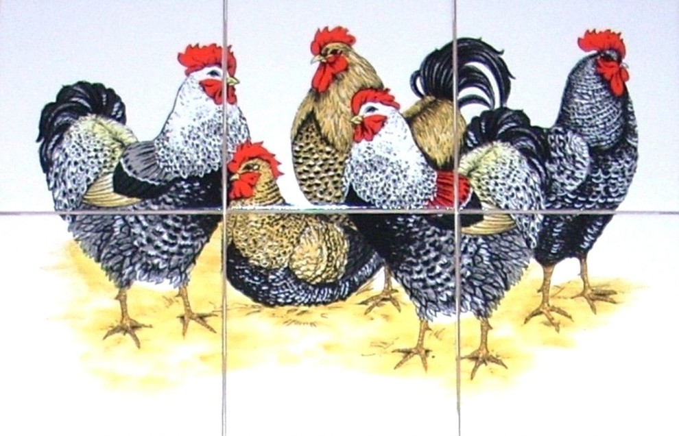 Chicken Rooster Kiln Fired Ceramic Tile Mural Black Speckled, 6-Piece Set