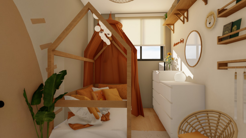 Exemple d'une petite chambre d'enfant de 1 à 3 ans méditerranéenne avec un mur beige et un sol en bois brun.
