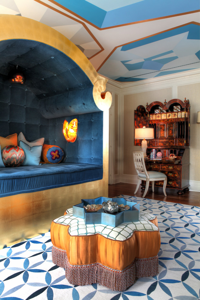Eclectic freestanding desk dark wood floor study room photo in Los Angeles with beige walls
