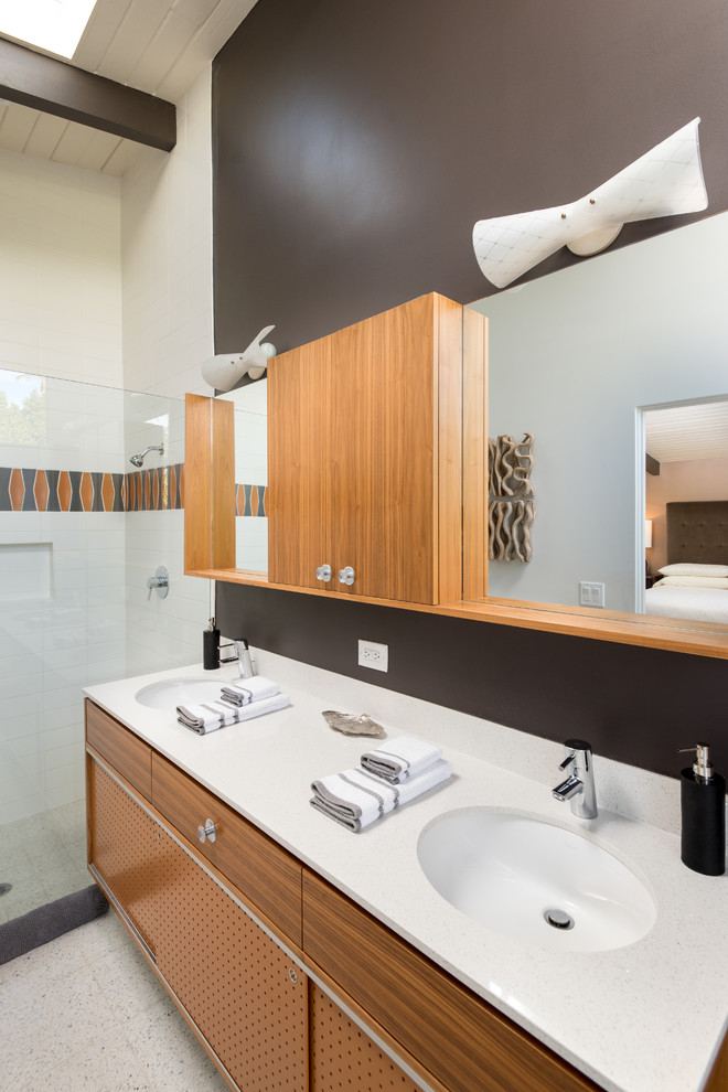 Inspiration for a mid-sized midcentury master bathroom in San Diego with flat-panel cabinets, light wood cabinets and white tile.