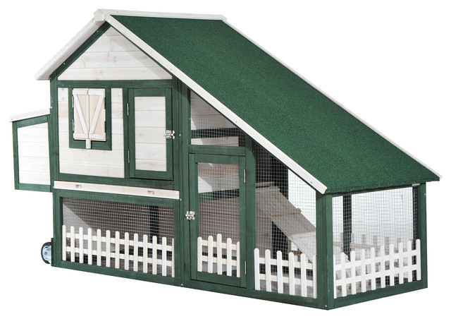 Pawhut 76 Wooden Chicken Coop With Run Nesting Box And Wheels Green And White