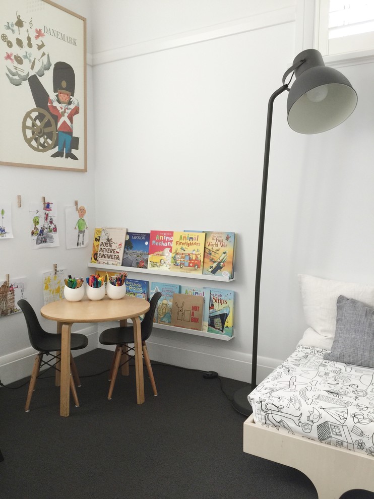 Design ideas for a large modern gender-neutral kids' playroom for kids 4-10 years old in Sydney with white walls and carpet.