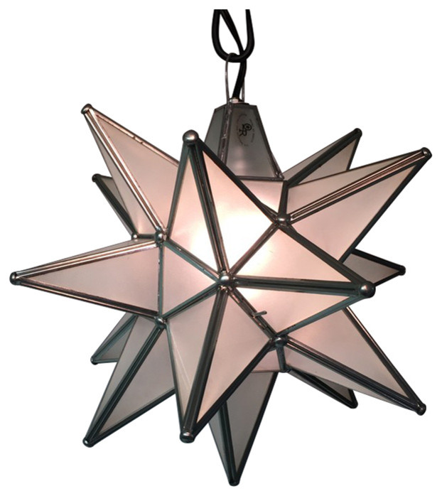 Moravian Star Light, Frosted Glass With Silver Trim, 15" Diameter, With Mount Ki