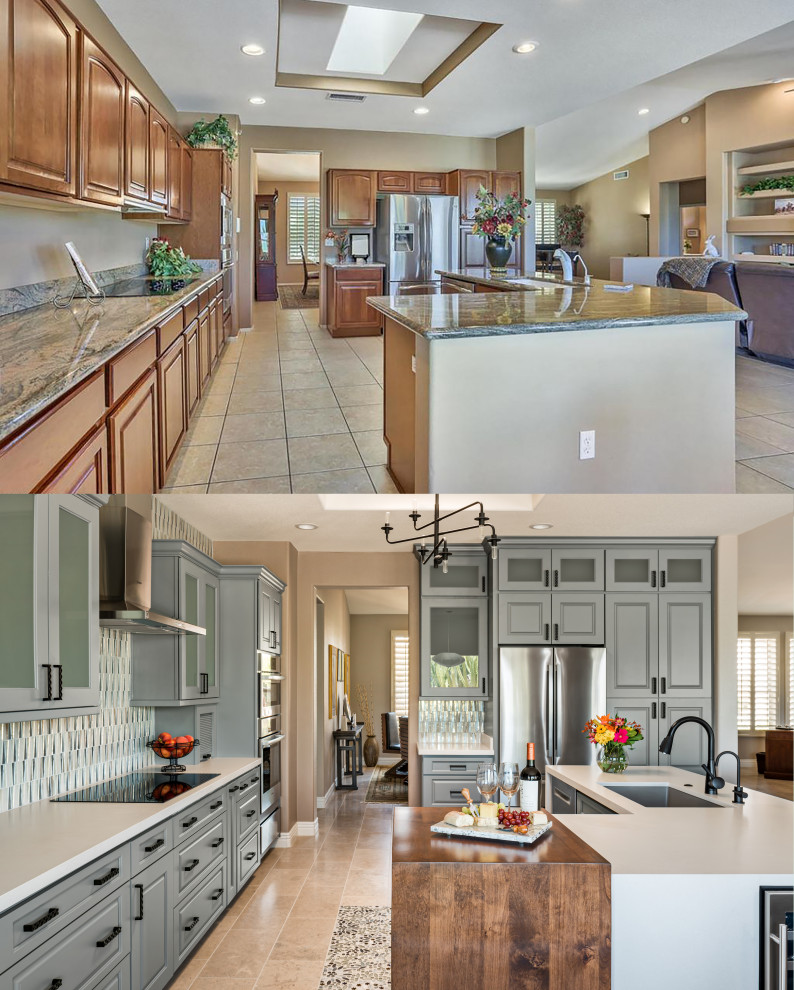 Inspiration for a mid-sized transitional limestone floor and beige floor kitchen remodel in Phoenix with a single-bowl sink, raised-panel cabinets, quartz countertops, glass sheet backsplash, an island and white countertops