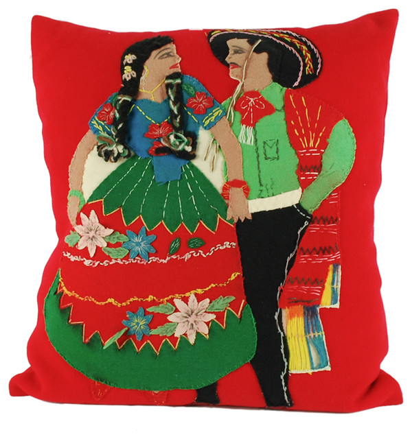 Consigned Vintage, Red Pillow With Mexican Applique Southwestern
