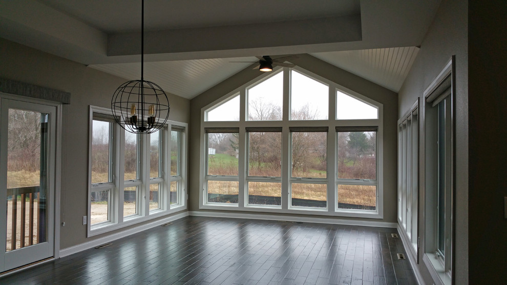 Inspiration for a large arts and crafts sunroom in Milwaukee with dark hardwood floors, no fireplace, a standard ceiling and black floor.