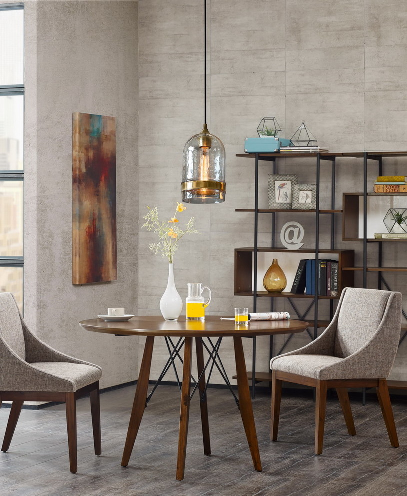 Inspiration for a mid-sized modern dining room in Other with grey walls, plywood floors and grey floor.