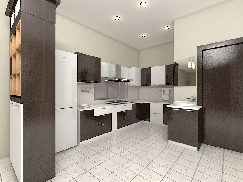 Kitchen pantry - mid-sized modern l-shaped kitchen pantry idea with laminate countertops and two islands