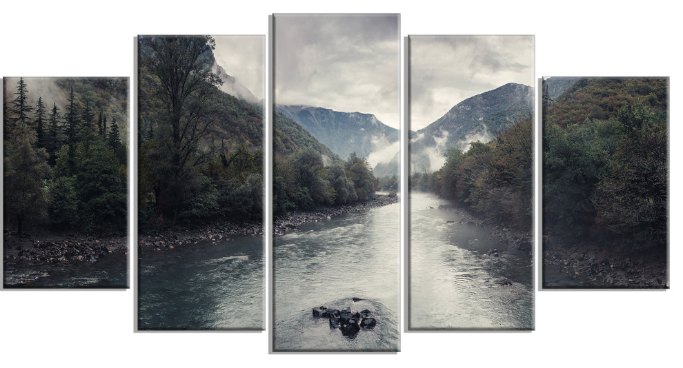 "Mountain River With Fog and Rain" Metal Wall Art, 60"x32" 5 Panel
