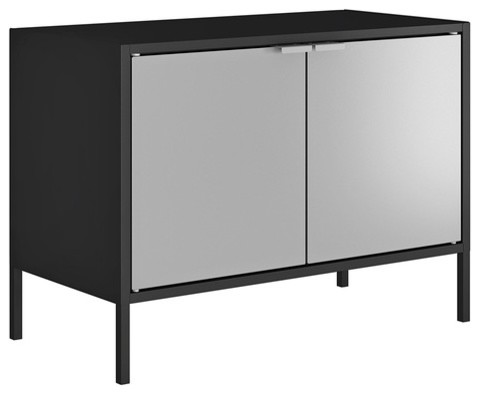 Modern Low Wide Tv Stand Cabinet With 2 Shelves And Doors In Black