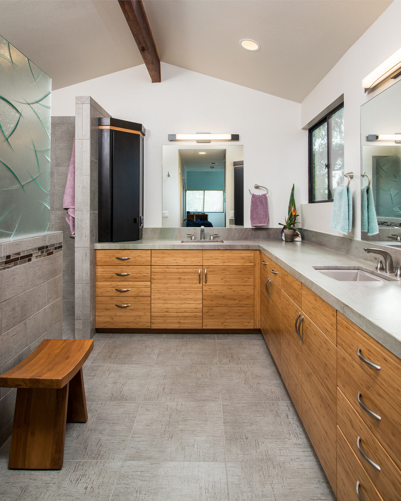Contemporary master bathroom in San Diego with an undermount sink, flat-panel cabinets, medium wood cabinets, granite benchtops, gray tile, ceramic tile, white walls and ceramic floors.