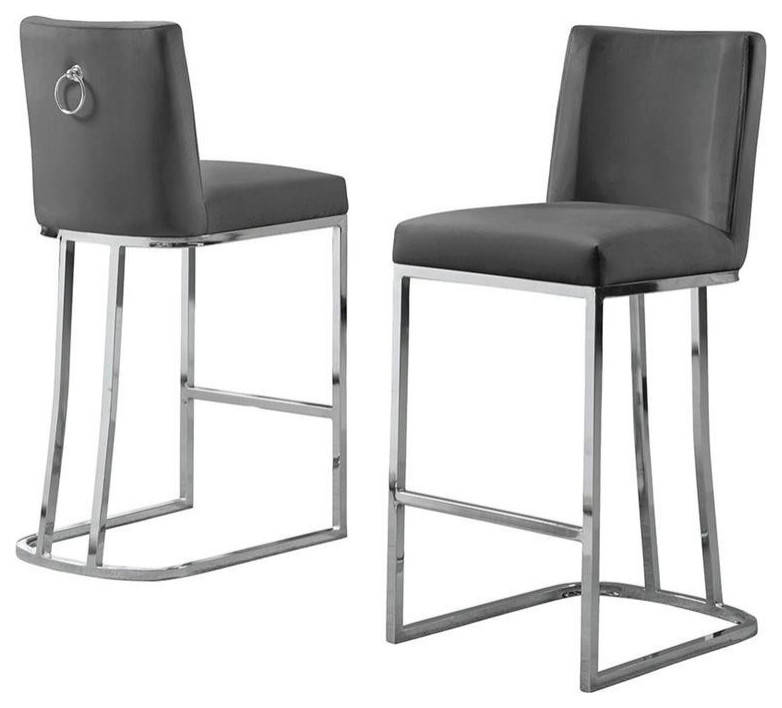 Velvet Counter Height Chairs in Dark Gray Velvet and Silver Chrome (Set