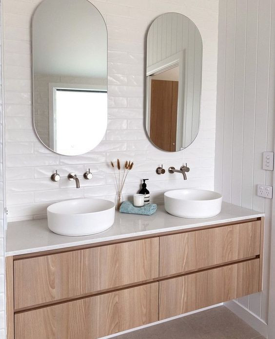 Mid-sized modern kids bathroom in Dallas with flat-panel cabinets, medium wood cabinets, white tile, ceramic tile, white walls, ceramic floors, limestone benchtops, grey floor, a double vanity and a built-in vanity.