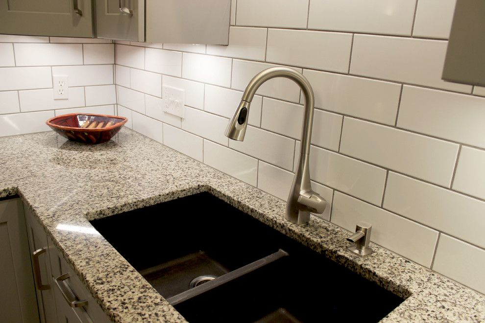 Grey Kitchen with White Subway Tile Backsplash and Granite ...