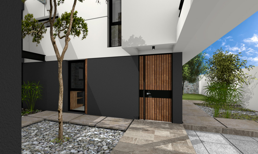 Cette image montre un hall d'entrée minimaliste de taille moyenne avec un mur noir, un sol en travertin, une porte pivot, une porte en bois brun, un sol multicolore, un plafond décaissé et du lambris.
