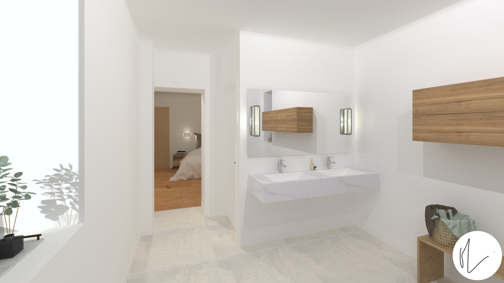 Photo of a large contemporary master bathroom in Grenoble with beaded inset cabinets, light wood cabinets, a curbless shower, white tile, marble, white walls, ceramic floors, a wall-mount sink, solid surface benchtops, beige floor, a hinged shower door, white benchtops, a shower seat, a double vanity and a floating vanity.