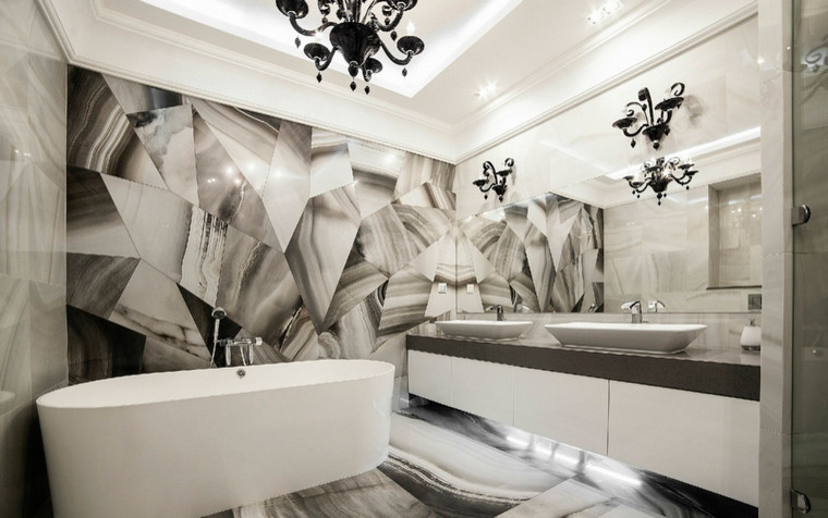Foto di una stanza da bagno padronale moderna con lavabo integrato e top in marmo