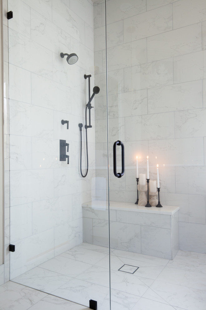Example of a large transitional master white tile and porcelain tile marble floor, beige floor and double-sink bathroom design in Dallas with shaker cabinets, gray cabinets, a two-piece toilet, gray walls, an undermount sink, quartz countertops, a hinged shower door, white countertops and a built-in vanity